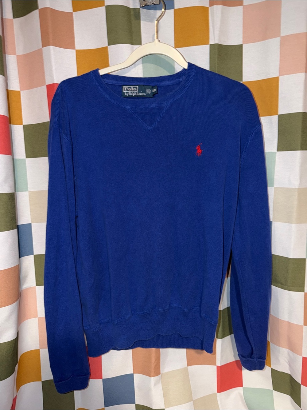 Polo Ralph Lauren Royal Blue V-Neck Knit Sweater Size L/M Red Pony Logo Classic